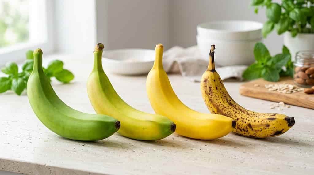 Green vs Ripe Banana: How Banana Ripeness Affects Sugar, Fiber and Blood Sugar Green vs ripe banana showing how banana ripeness affects sugar and fiber