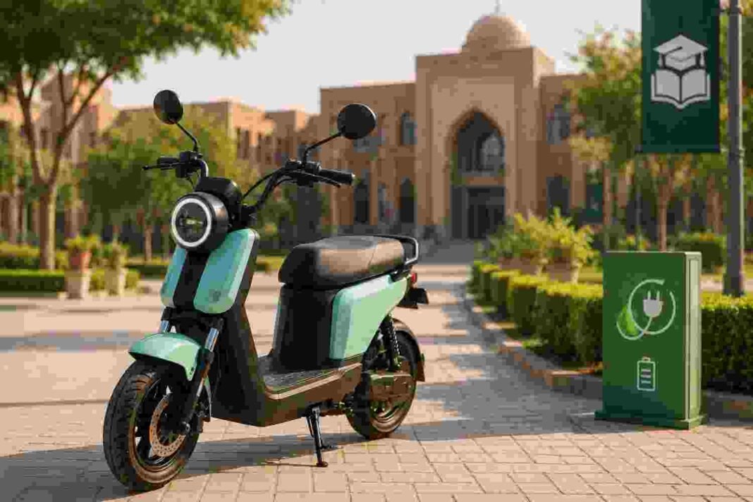 E-Bike Scheme: No Down Payment for Students A female student riding an electric bike on a university campus in Punjab