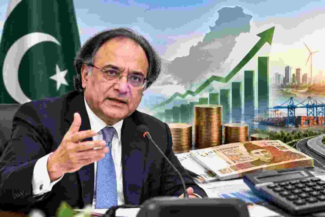 Pakistan’s Finance Minister Shares Economic Strategy Finance Minister discussing Pakistan economy plan with financial charts and investment symbols