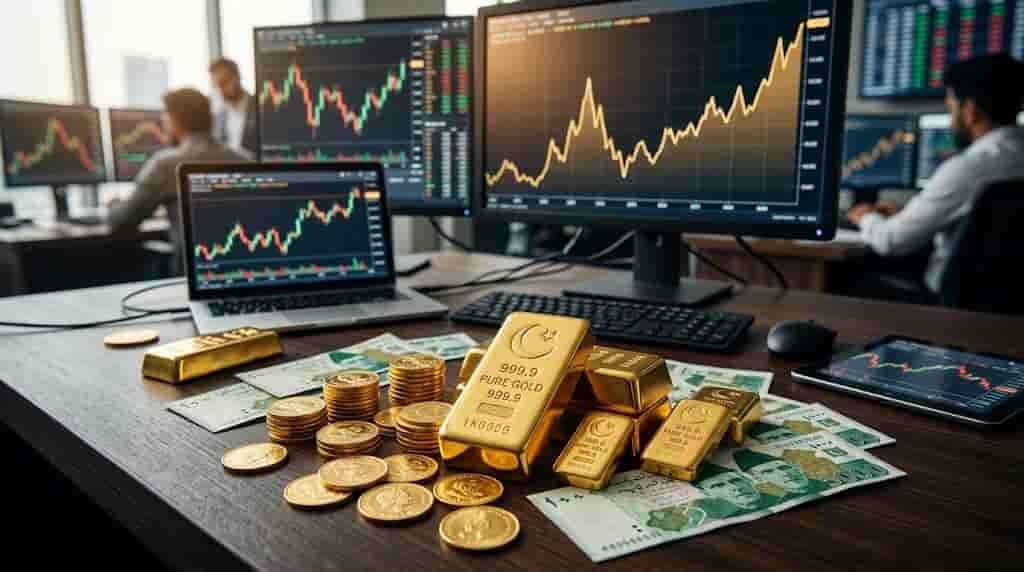 Gold Price in Pakistan: Will Rates Rise or Fall in Coming Days? Gold price in Pakistan forecast with gold bars and market analysis
