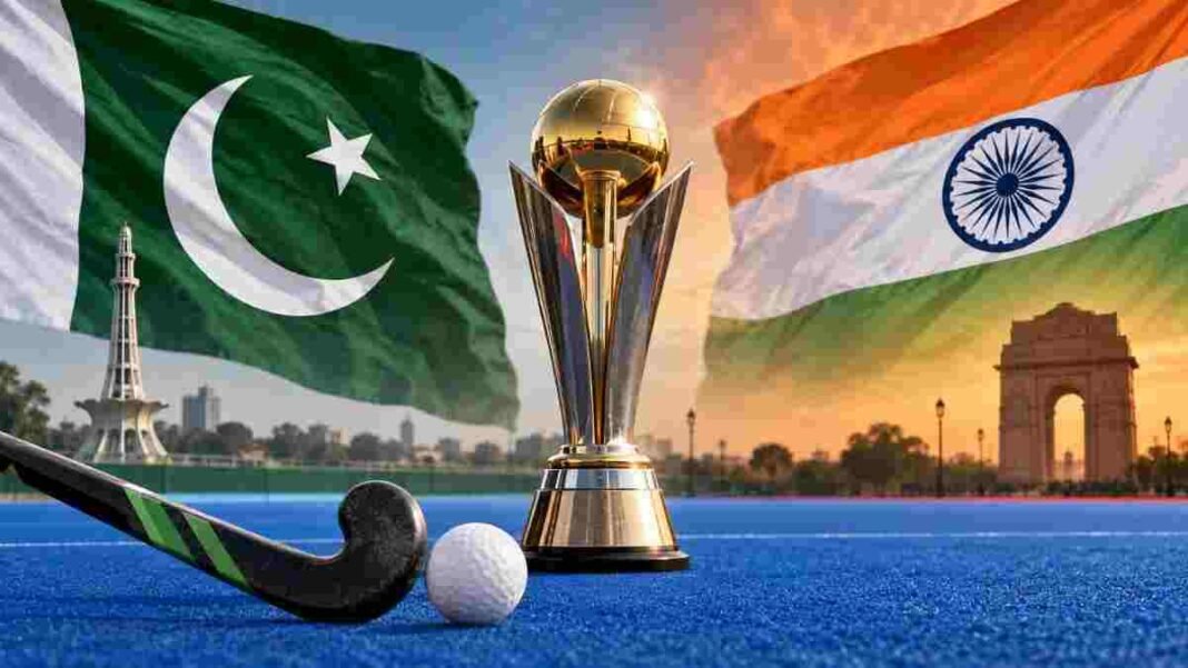 Pakistan Refuses Asian Champions Trophy in India Pakistan and India flags with hockey trophy, stick and ball for Asian Champions Trophy 2026.