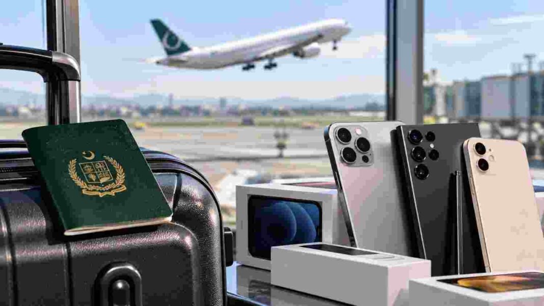 Major Relief for People Bringing Mobile Phones from Abroad Imported mobile phones with Pakistani passport and luggage at an airport.