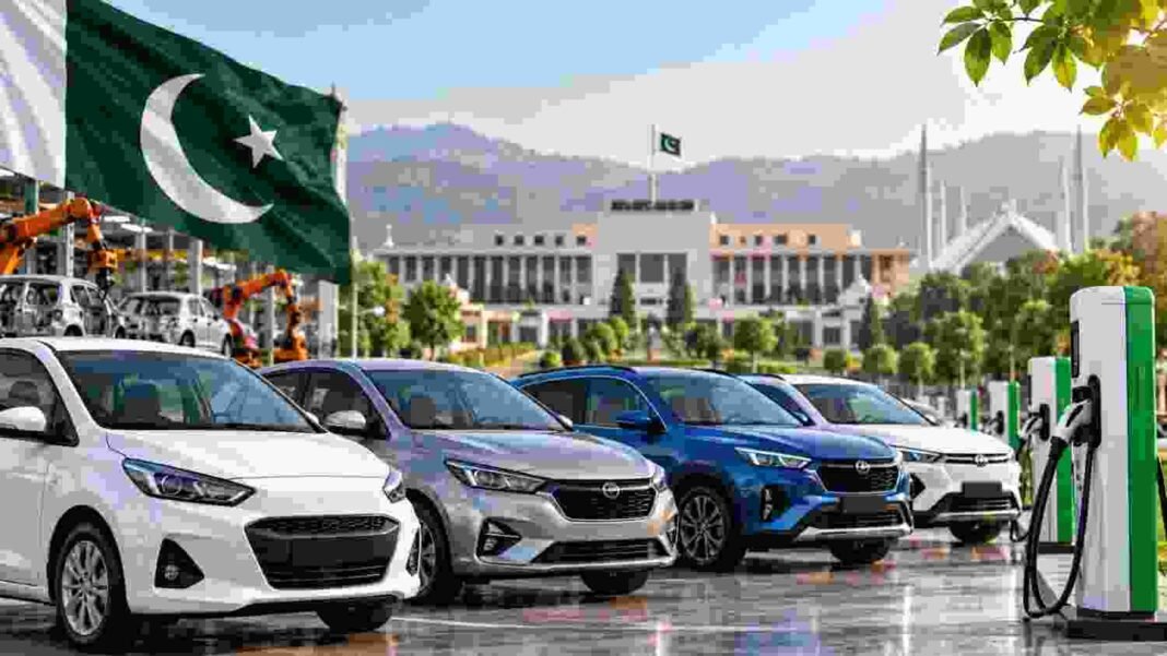 New Auto Policy: Relief for Low-Income Pakistanis? Cars, EV charging stations and local auto production representing Pakistan’s New Auto Policy.