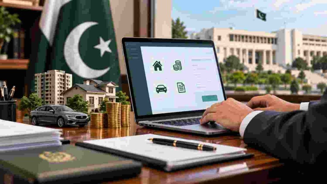 Decision to Digitize Government Officials’ Asset Details Government official using a laptop to submit digital asset details in Pakistan.