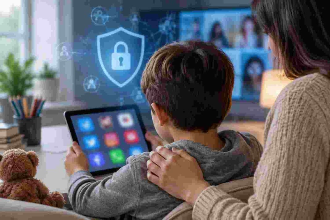 Social Media Ban Proposed for Children Under 13 Child using a tablet with parental guidance in a digital safety environment.