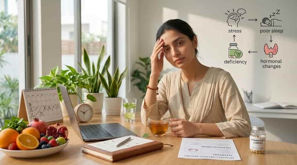 Why Women Feel Tired All The Time? Hidden Health Reasons Young Pakistani woman feeling tired due to hidden health reasons including stress, vitamin deficiency, and hormonal changes