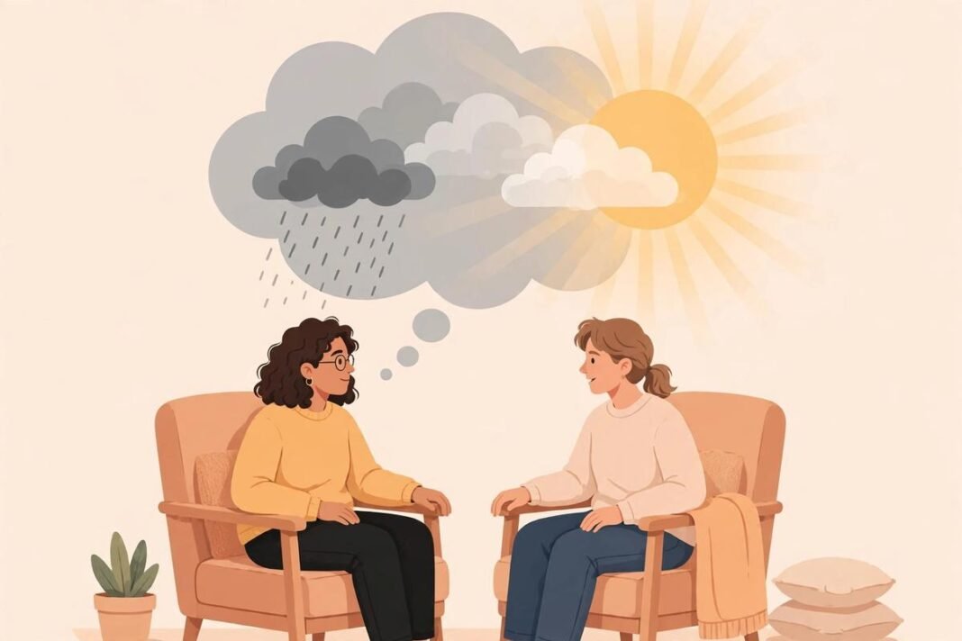 Cognitive Behavioral Therapy (CBT): How It Works and Who It Helps Therapist and client talking in a calm office during a cognitive behavioral therapy session