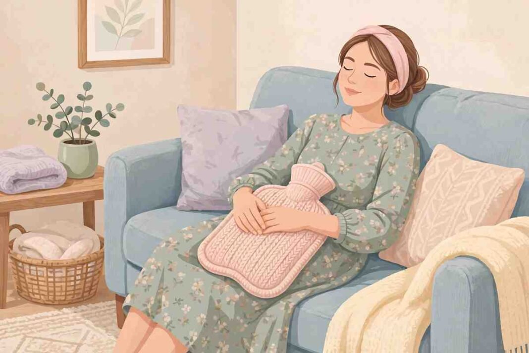 Cramps But No Period: Causes and When to See a Doctor Woman resting comfortably on a sofa with a warm water bottle, in soft calm colors