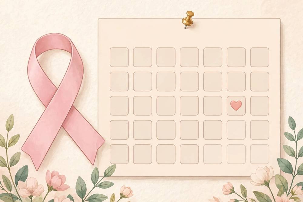 Mammograms Explained: When to Start Screening and What to Expect Pink breast cancer awareness ribbon beside a calendar, symbolizing mammogram screening appointments
