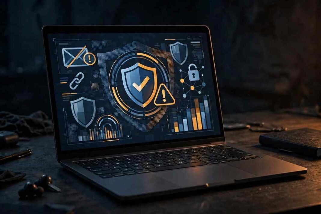 What Is Phishing? How to Spot and Avoid Online Scams Laptop displaying a suspicious email warning with a shield icon for phishing protection
