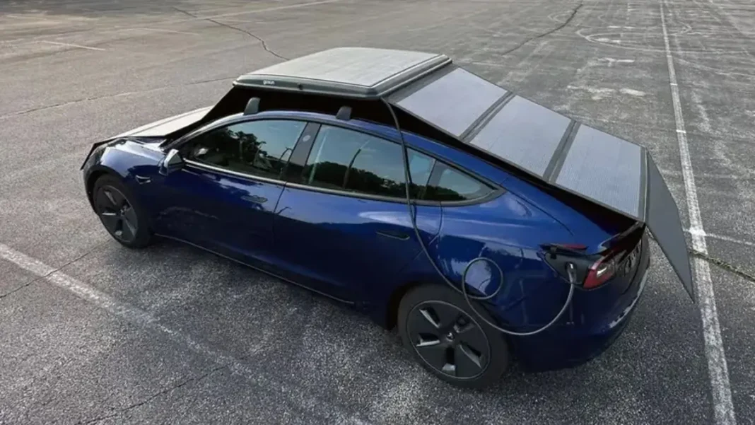 New Solar Panel Tech Can Charge Any EV on the Go GoSun EV solar charger rooftop solar system on electric car