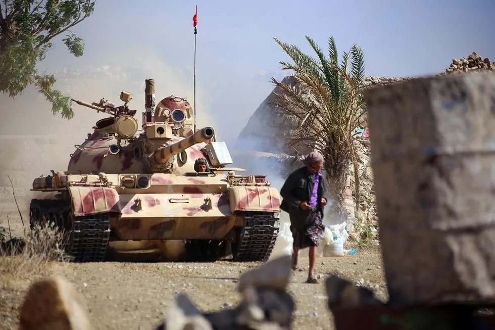 Six Civilians Killed in Houthi Attacks in Yemen’s Taiz, Interior Ministry Says A tank on the outskirts of Taiz, Yemen, after Houthi attacks in Taiz killed six civilians, the interior ministry says