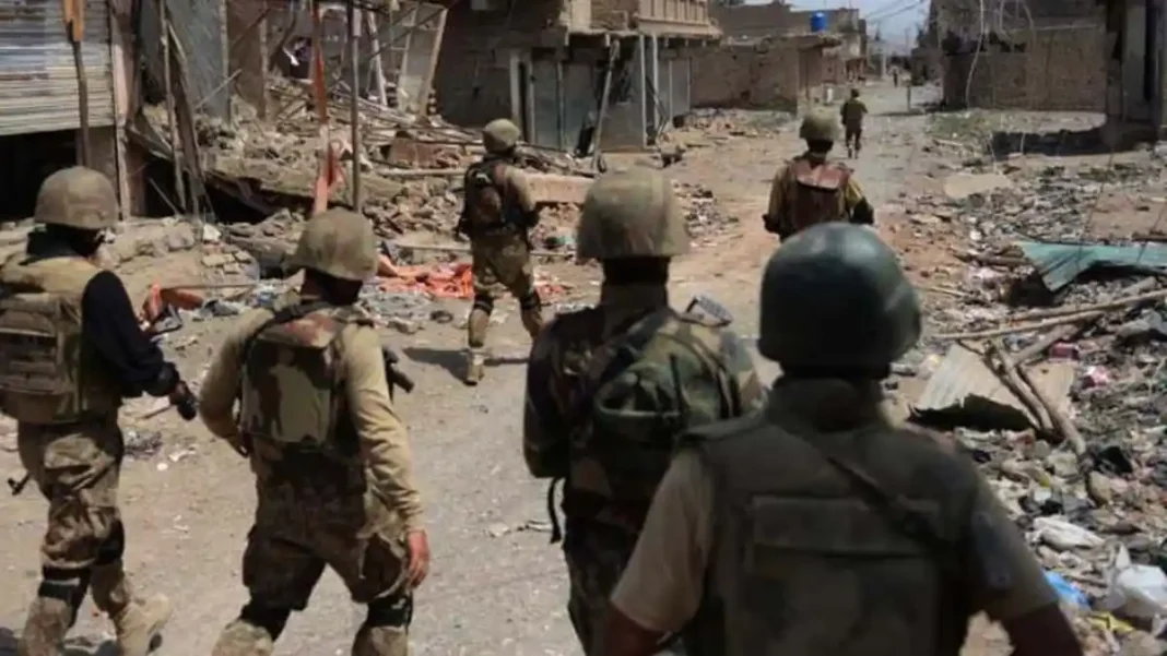 One Killed, Five Hurt as Shell Hits Angoor Adda Home Security personnel patrol a damaged street — Angoor Adda border incident