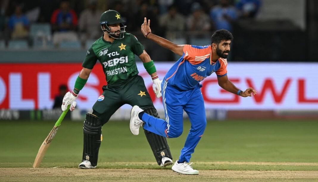 Pakistan-India Asian Games final: washed-out decider would mean shared gold Pakistan India Asian Games final: Jasprit Bumrah bowls as Sahibzada Farhan looks on during the Asia T20 Cup 2025 in Dubai