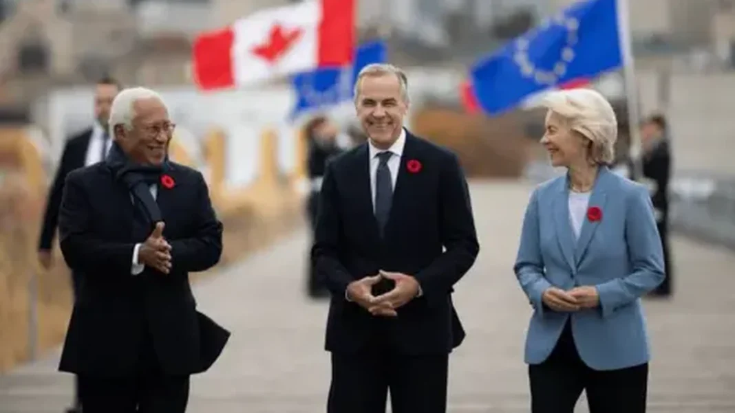 Canada EU Alliance for the Future Launched Mark Carney, Antonio Costa and Ursula von der Leyen walk together in Montreal as the Canada EU Alliance for the Future launches