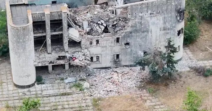 Pope Leo Urges Putin to Agree Oleshky Ceasefire in Call from Hospital Drone still of a destroyed building in Oleshky, Ukraine, the city at the centre of the Pope Leo Putin Oleshky ceasefire appeal