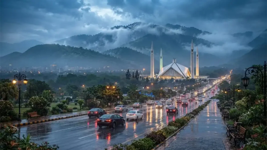 PMD forecasts rain, hailstorms across upper Pakistan from October 10 to 15 PMD rain forecast - rain over Islamabad with the Faisal Mosque in view