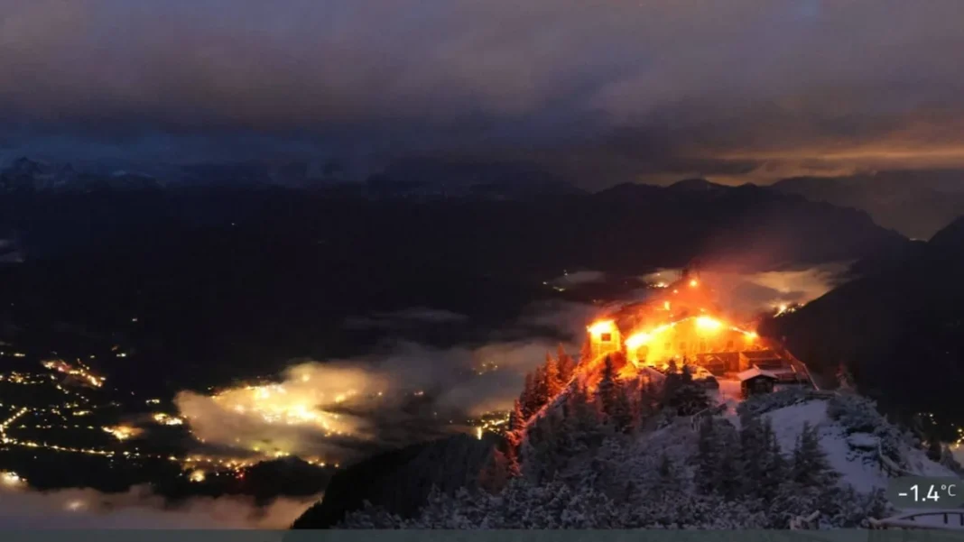Fire Engulfs Hitler’s Eagle’s Nest Retreat, Suspect Detained Smoke rising from the Eagle's Nest fire at the Kehlsteinhaus in the Bavarian Alps