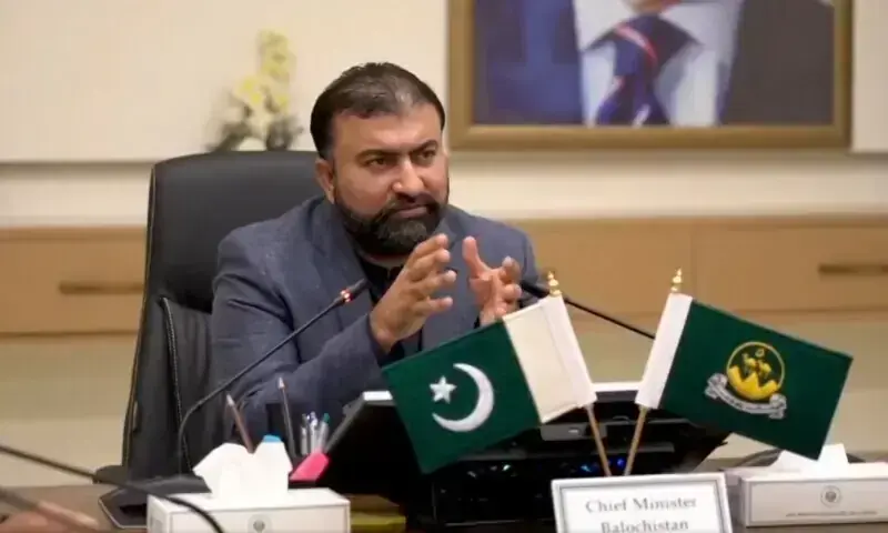 Bugti Promises Opposition Full Briefing on Balochistan’s Mines, Minerals and Forest Land Balochistan Chief Minister Sarfraz Bugti speaks at his desk; mines minerals briefing promised to the opposition