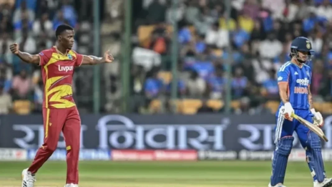 Rain Forces 2-2 Draw as India-West Indies T20 Decider Washed Out Shamar Joseph celebrates dismissing Ishan Kishan in the fifth T20I — India West Indies T20 series
