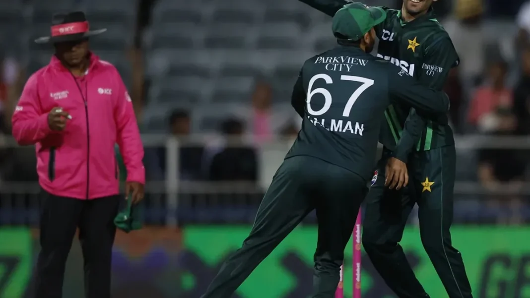 Pakistan Release Sufyan Moqim From Tri-Series Squad Pakistan players celebrate a wicket during a match amid Pakistan release Sufyan Moqim squad news