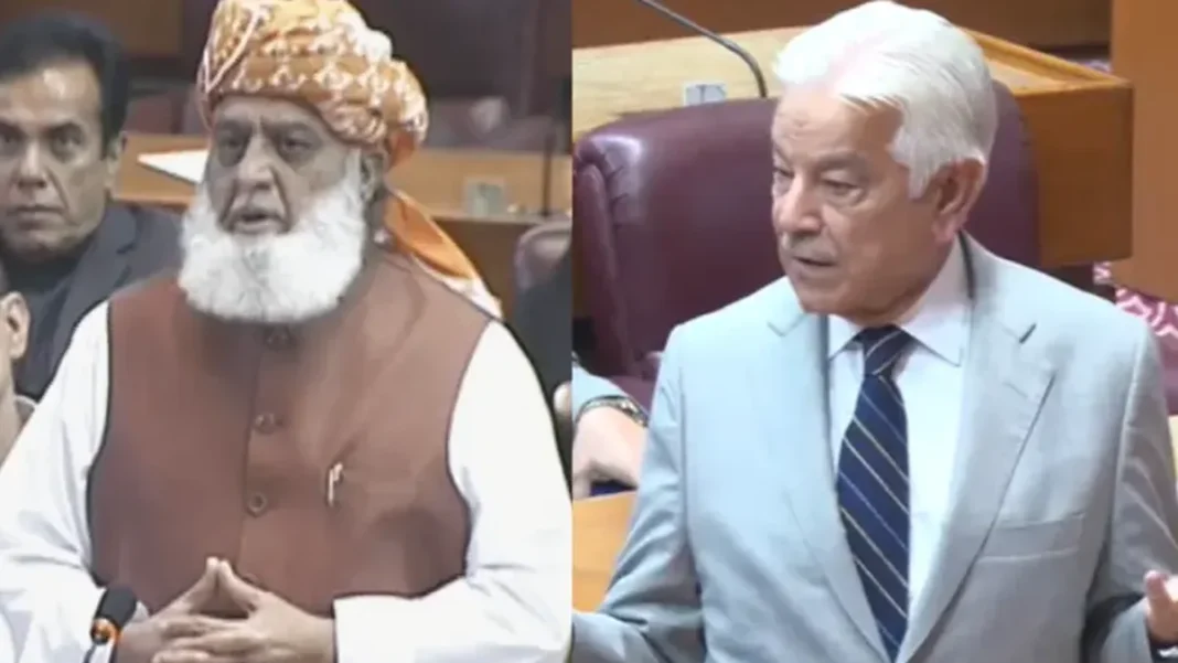 Asif: Tehran Huddle Was Not My Mandate Maulana Fazlur Rehman and Defence Minister Khawaja Asif in the National Assembly — Tehran huddle