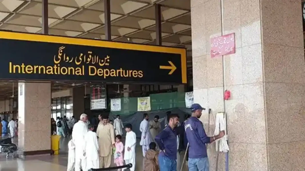 FIA Bars Officers From Offloading Passengers on Verbal Orders Alone FIA offloading passengers: travellers walk under the international departures sign at a Pakistani airport terminal