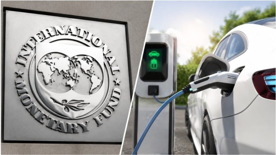Pakistan-IMF auto policy talks stall as lender objects to draft provisions IMF logo beside an electric vehicle charging; Pakistan IMF auto policy talks stall