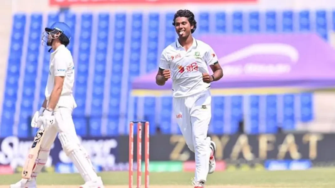 Hasan Mahmud Becomes First Bangladesh Pacer to Take a Test Hat-Trick Hasan Mahmud celebrates in Bangladesh whites during the Abu Dhabi Test; the Hasan Mahmud hat-trick was the first by a Bangladesh pacer