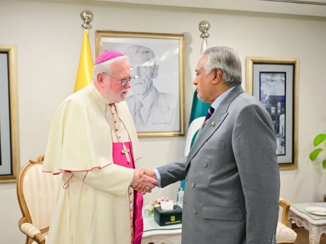 Dar meets Vatican envoy Archbishop Gallagher in Islamabad as Pakistan, Holy See mark 75 years of ties Archbishop Paul Richard Gallagher shakes hands with Ishaq Dar in Islamabad during the Archbishop Gallagher Pakistan visit.