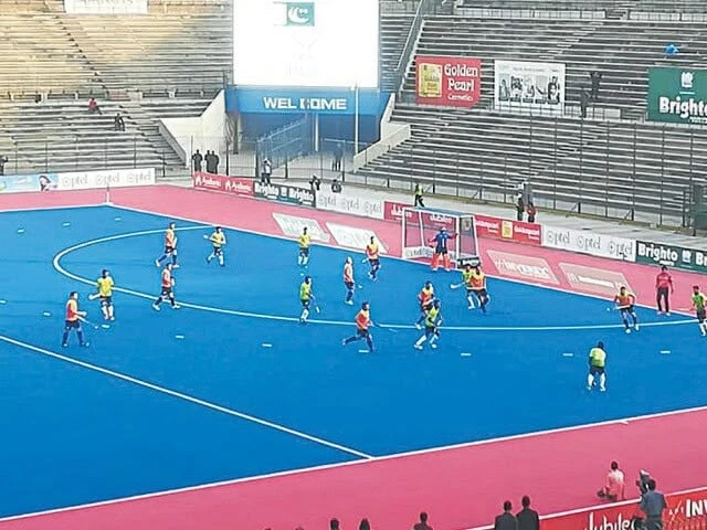 Punjab approves Rs400m upgrade for Lahore’s National Hockey Stadium Players in action on the blue turf of the National Hockey Stadium in Lahore ahead of the National Hockey Stadium upgrade.