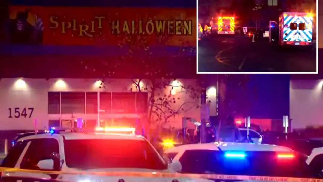 California Halloween Store Shooting Kills One Police vehicles outside a Spirit Halloween store at night in Fairfield, California, after the California Halloween store shooting
