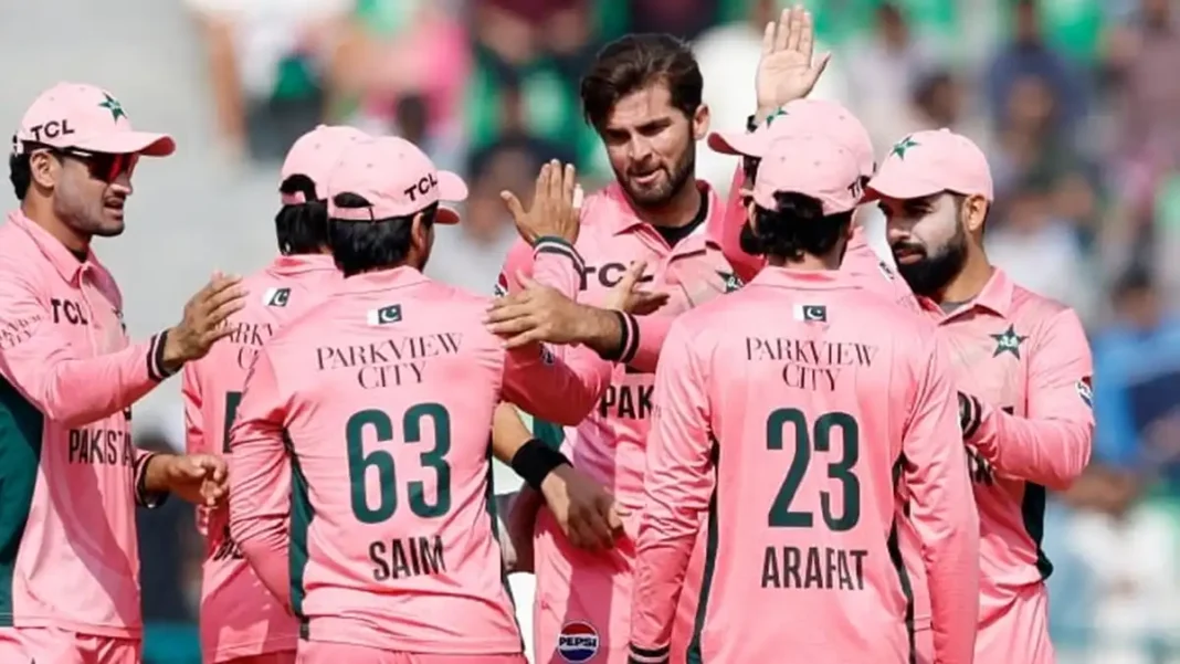 Shaheen Afridi Reaches 150 ODI Wickets Pakistan captain Shaheen Afridi celebrates with teammates in pink kits after his Shaheen Afridi 150 ODI wickets milestone