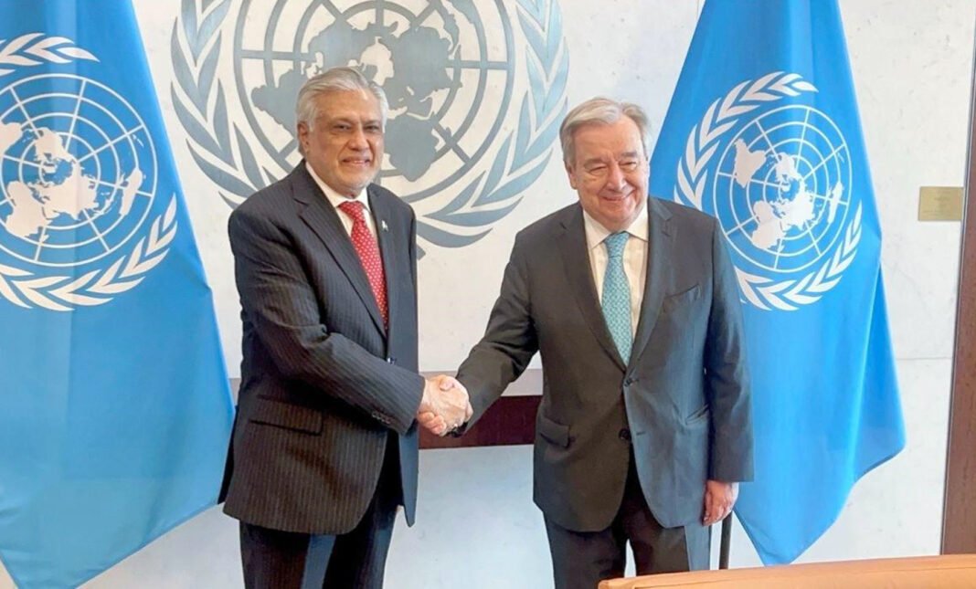 Dar Meets Guterres as UN Chief’s Visit Turns to Peace and Security Talks Deputy Prime Minister Ishaq Dar shakes hands with UN Secretary-General Antonio Guterres during an earlier meeting