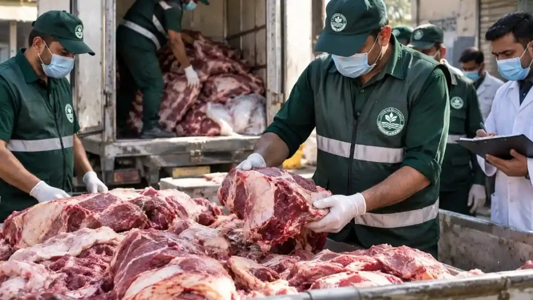 Lumpy Skin Disease Meat Seized in Lahore Raid Punjab Food Authority officers inspecting seized meat in Lahore - lumpy skin disease meat