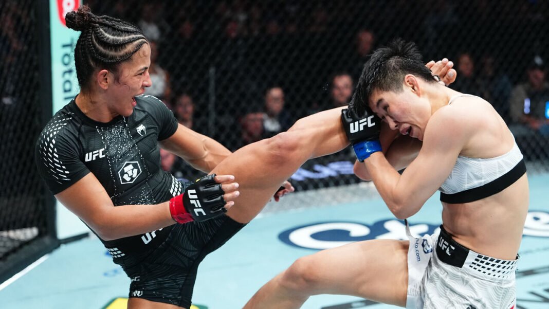 Natalia Silva Beats Wang Cong to Win Vacant UFC Flyweight Title Natalia Silva celebrates after beating Wang Cong to win the UFC flyweight title at UFC 332