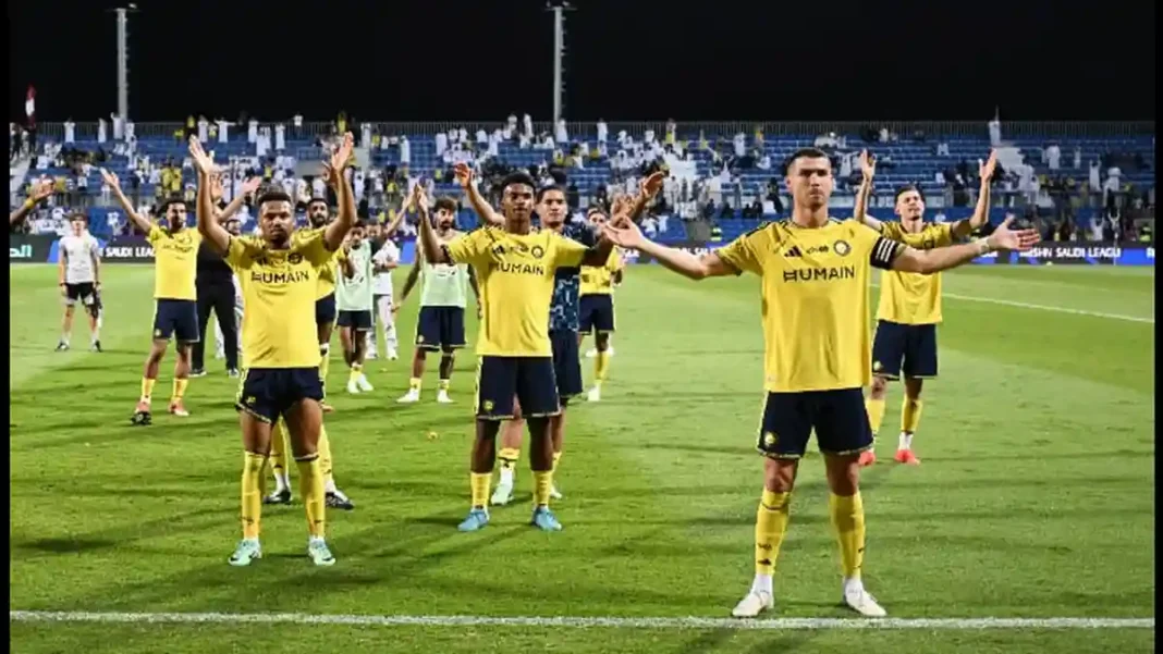 Ronaldo Celebrates Disputed 982nd Career Goal in Al Nassr Win Ronaldo 982nd goal: Cristiano Ronaldo celebrating with Al Nassr team-mates