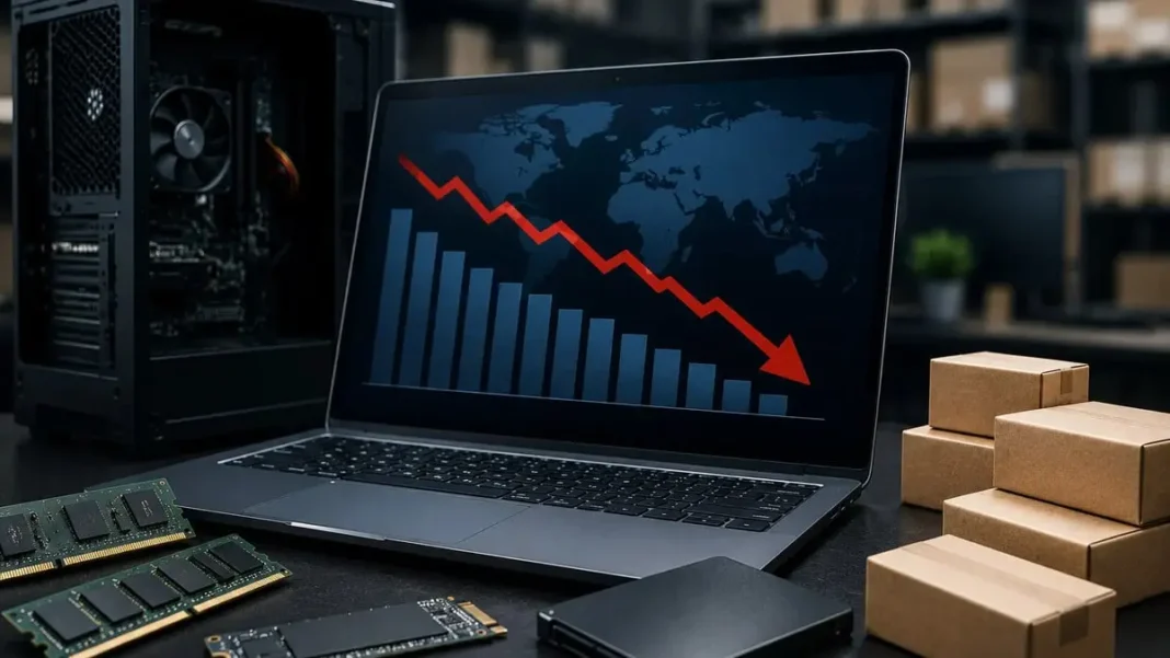 Global PC Sales Fall 21% as Laptop Prices Climb global PC sales: laptop with falling chart on screen