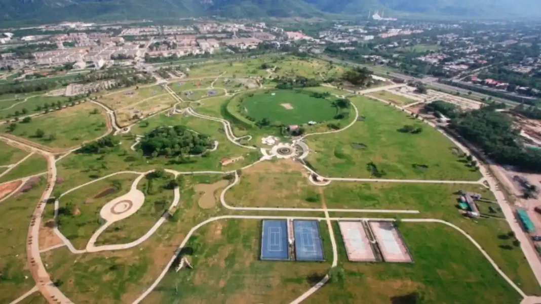 Naqvi Guarantees No Trees Cut at F-9 Park Aerial view of F-9 Park in Islamabad, the green space at the centre of the F-9 Park tree-cutting debate