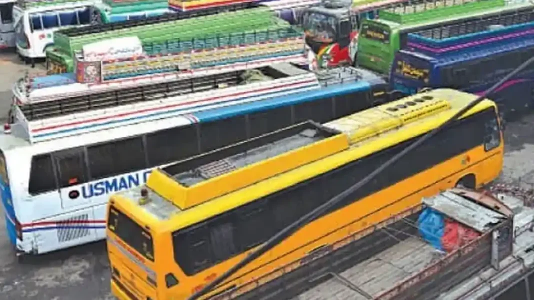 Lahore Intercity Bus Services Suspended as Terminals Reportedly Sealed Rows of intercity buses parked at a Lahore terminal after Lahore intercity bus services suspended on Sunday