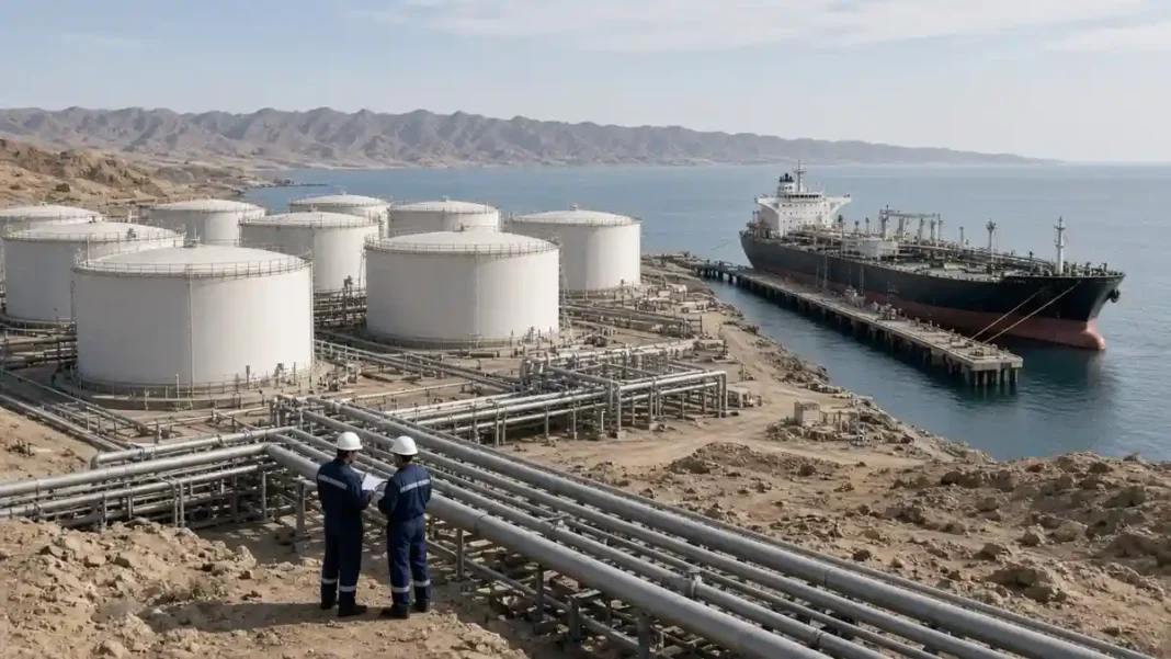 Pakistan Offers Saudi Arabia Tax-Free Oil Storage Oil storage tanks beside a tanker at a coastal terminal, tax-free oil storage