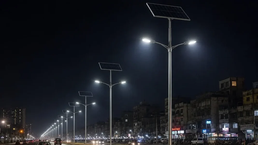 LDA Solar Streetlights for LDA City Solar-powered streetlights at night — LDA solar streetlights