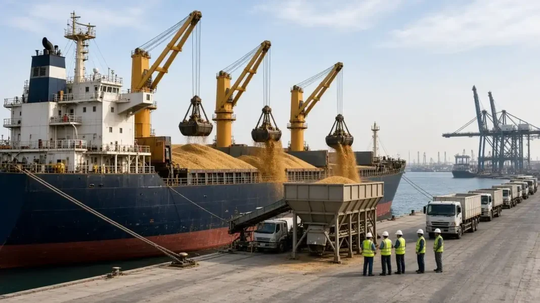 Imported Wheat Reaches Karachi Port in 51,000-Tonne Cargo Grain being loaded on to a bulk carrier at a port - imported wheat reaches Karachi port