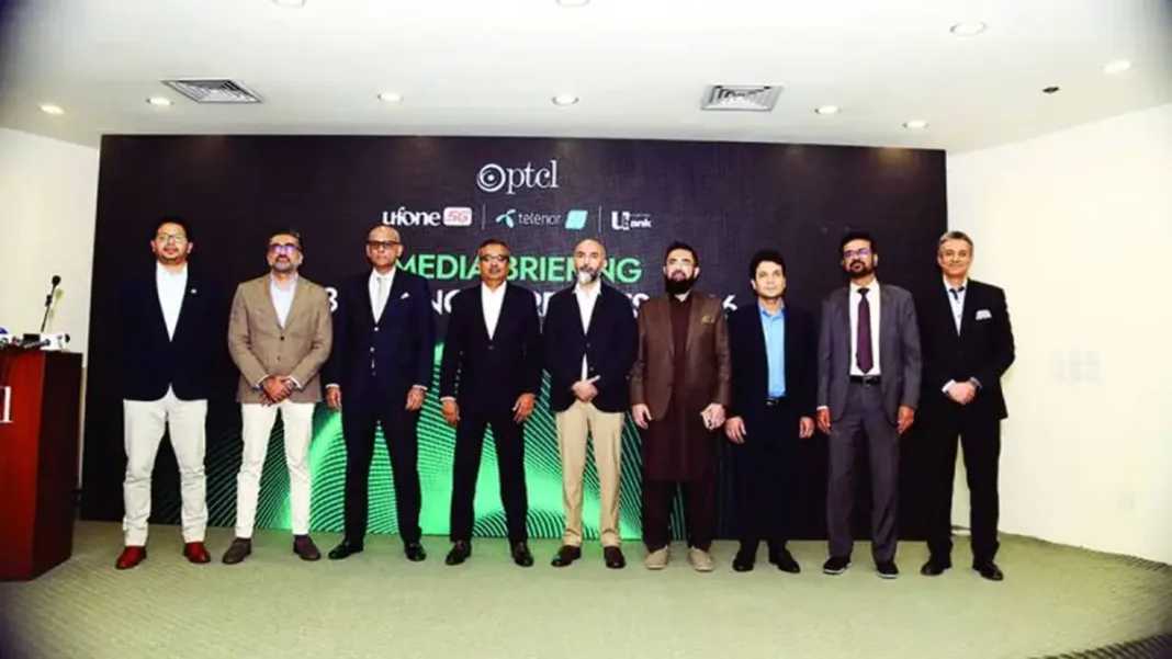 Ufone Nearly Catches Jazz as Subscribers Pass 211m PTCL, Ufone and Telenor executives at a media briefing, as Ufone nearly catches Jazz
