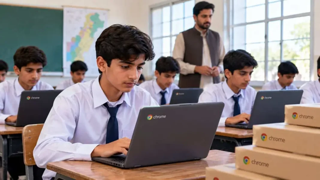 Peshawar Board Publishes Free Chromebooks List for Class 9 Students Peshawar board free Chromebooks — students in a Pakistani classroom using Chromebooks under the digital learning initiative