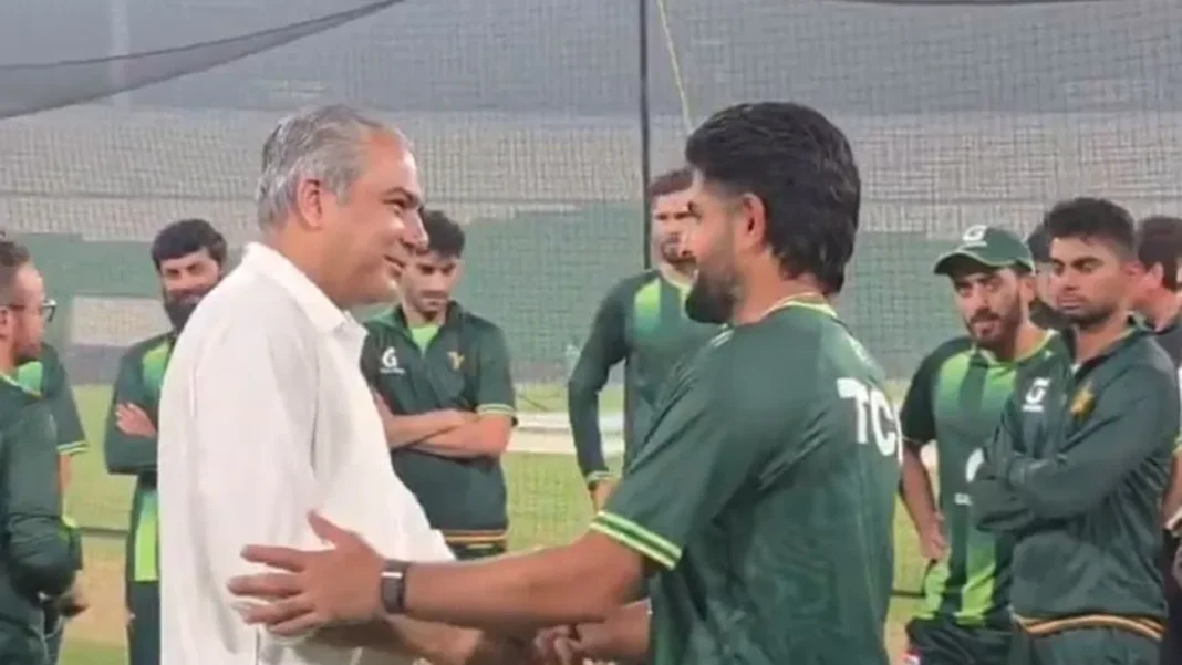 Naqvi Meets Pakistan Players at Gaddafi Stadium as Tri-Series Shifts to Lahore Babar Azam greets PCB chairman Mohsin Naqvi during the Pakistan tri-series Lahore leg training at Gaddafi Stadium