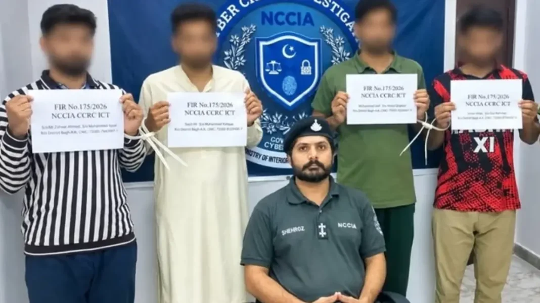 NCCIA Arrests Four Over Child Abuse Material Gang in Islamabad Arrested suspects hold FIR cards during the NCCIA arrests in the child abuse gang case in Islamabad
