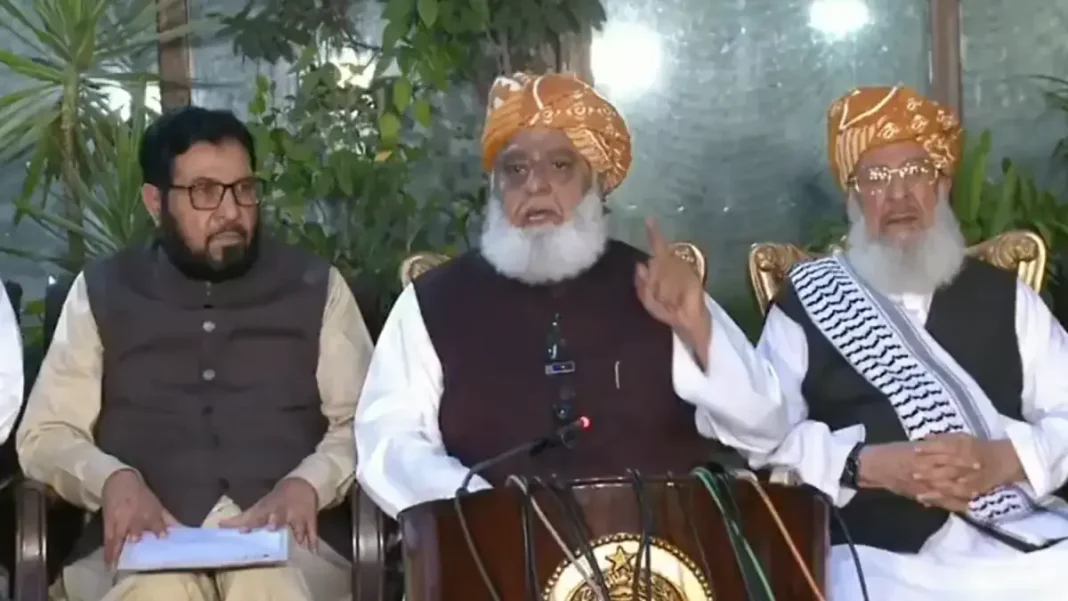 Fazl Accuses Government of Reneging on Mediation Deal, Rejects KP Emergency Fazl accuses government of reneging: JUI-F chief Maulana Fazlur Rehman speaks at a press conference in Islamabad, flanked by party colleagues