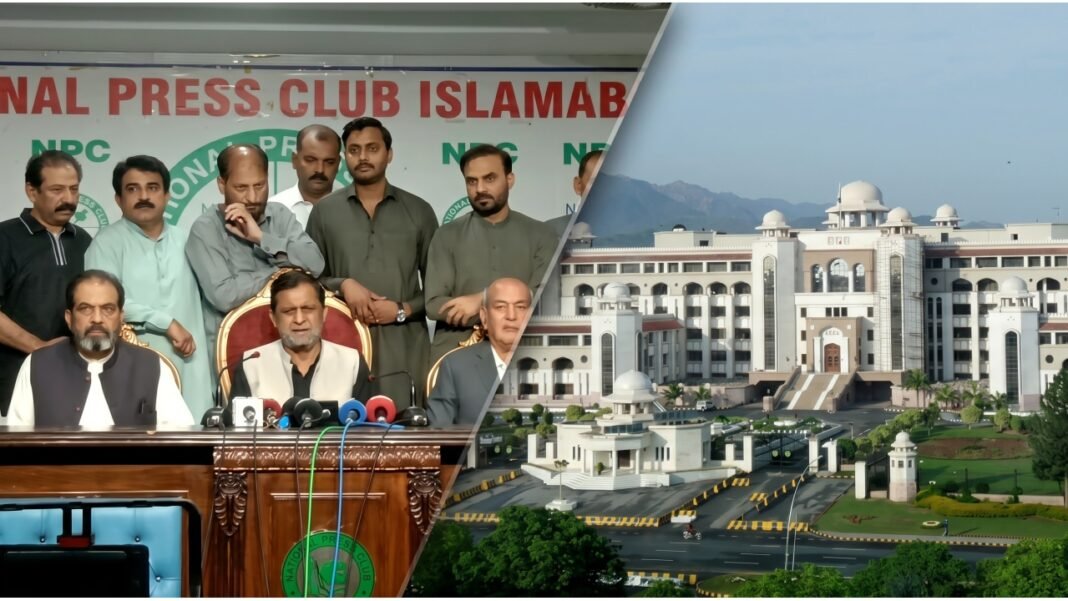 Ajmal Baloch Warns Traders May Shut Down Islamabad, March on PM House Trader leaders including Ajmal Baloch at the National Press Club Islamabad during the Islamabad shutdown threat announcement