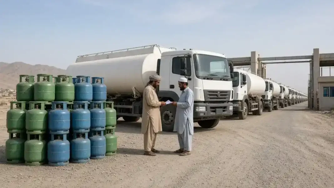 LPG Prices Drop Rs40 as Iran Supply Resumes Briefly LPG bowser trucks queued at border crossing — LPG prices drop as Iran supply resumes